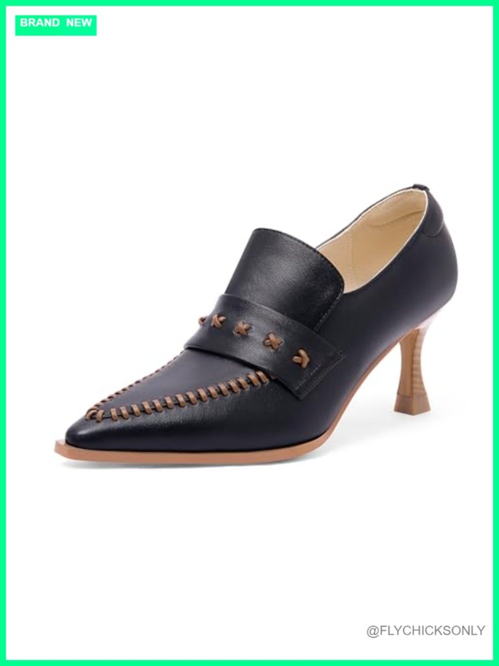 Womens Pointed Toe Kitten Heel Pumps Faux Leather Hand-Stitched